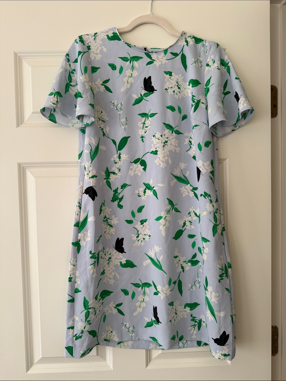 Ann Taylor Light Blue Floral Shift Dress with Green and White Accents